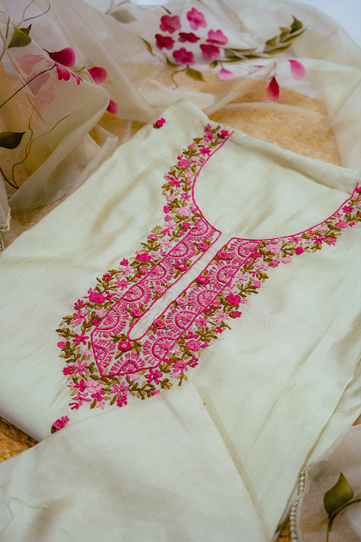 Elegant Cream Embroidered Salwar Set with Pink Floral Detailing