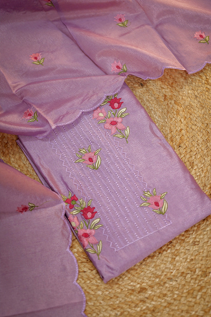 Sunlit Blossom Cotton Silk Dress Material with Embroidered Floral Work