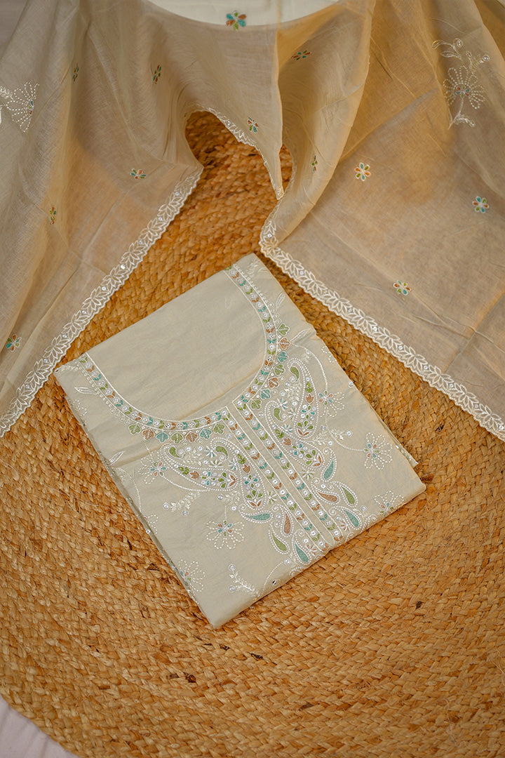 Elegant Cream Embroidered Unstitched Salwar Suit with Mirror & Thread Work