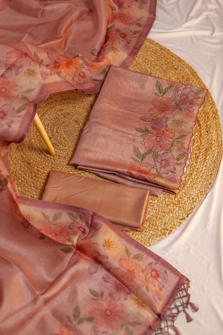 Elegant Silk Linen Unstitched Set with Floral Embroidery Dupatta