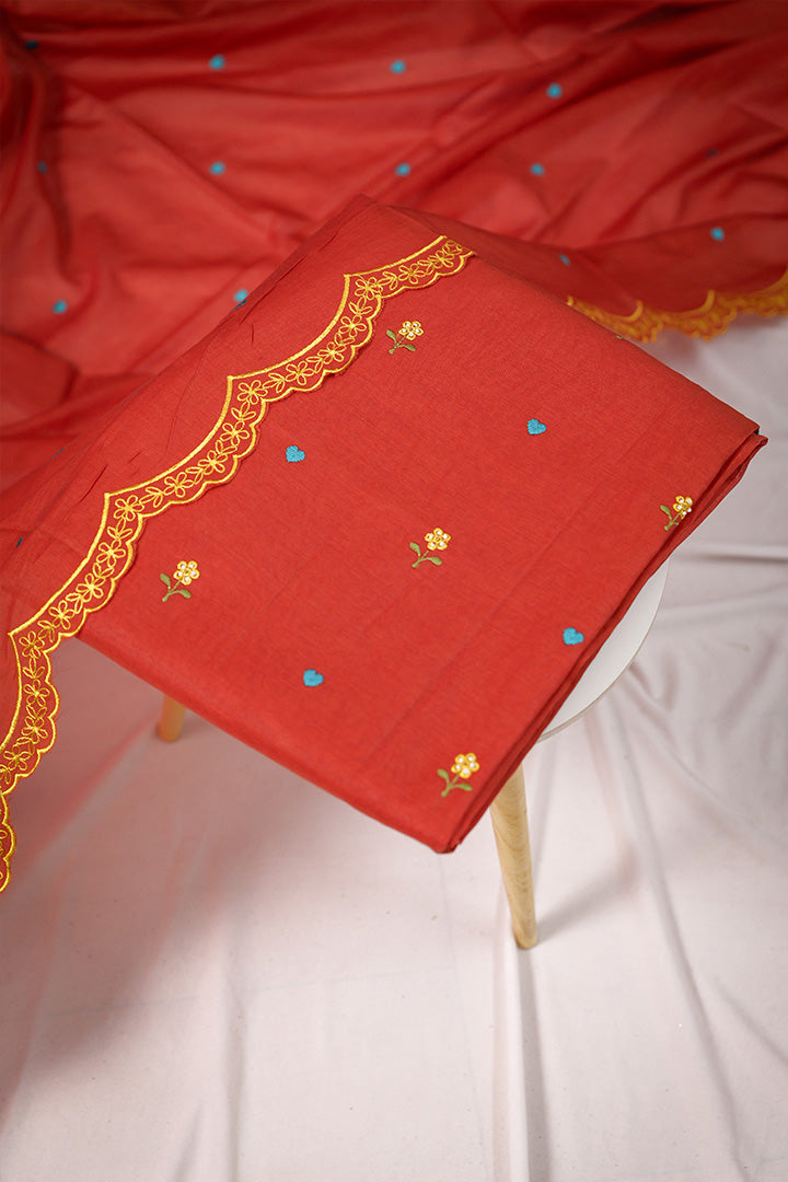 Blush Pink Unstitched Salwar Suit with Floral Embroidery & Scalloped Dupatta