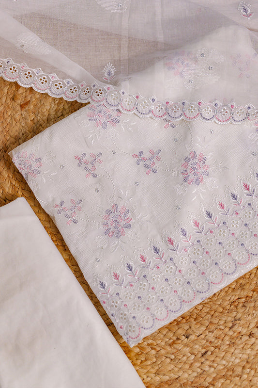 Elegant White Cotton Embroidered Suit Set with Dupatta