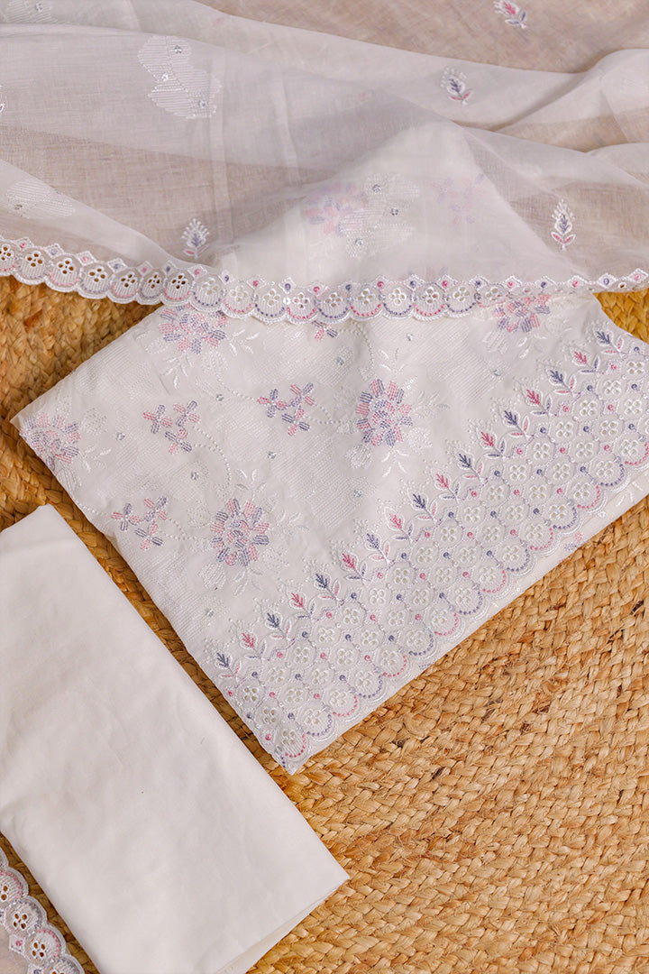 Elegant White Cotton Embroidered Suit Set with Dupatta