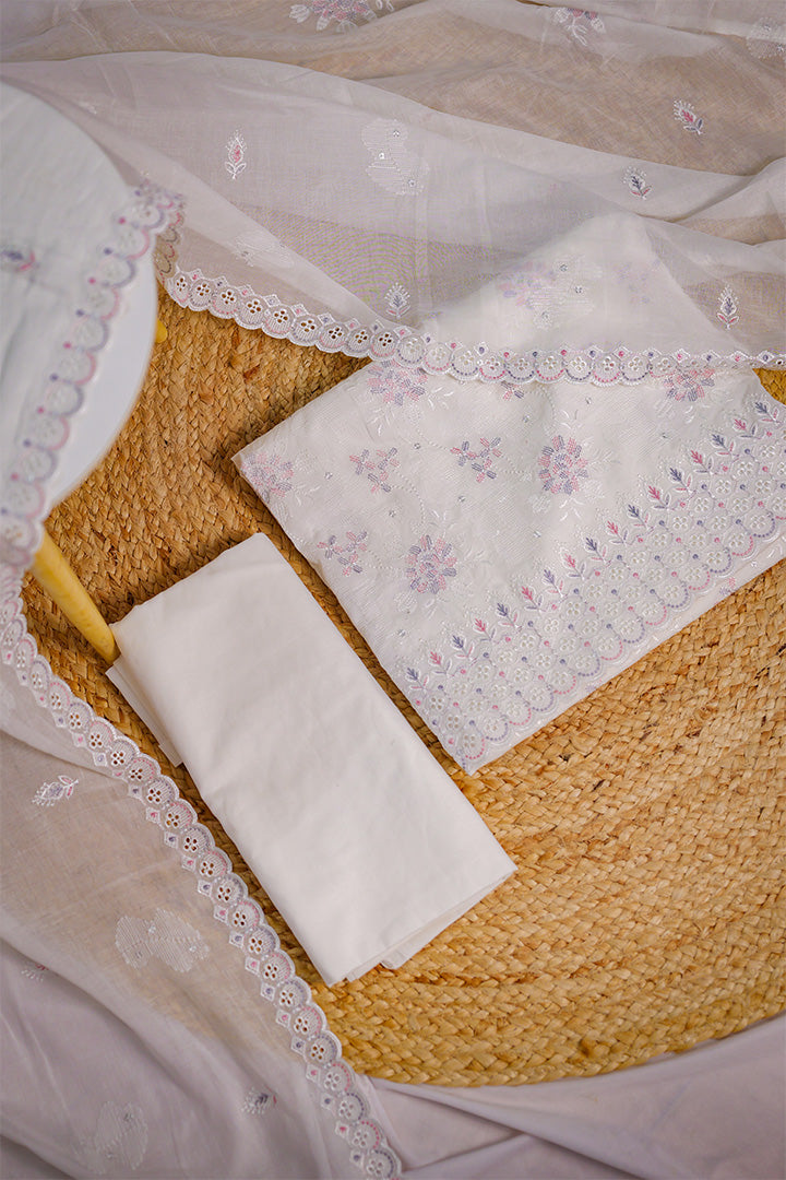 Elegant White Cotton Embroidered Suit Set with Dupatta
