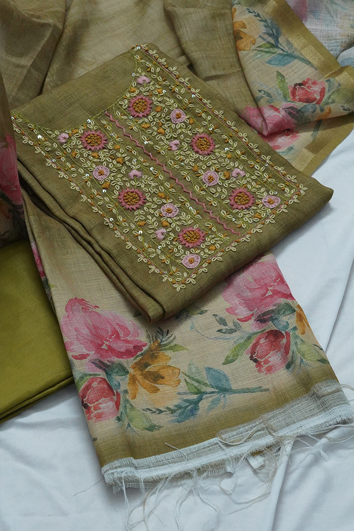 Olive Green Embroidered Salwar Set with Floral Printed Dupatta