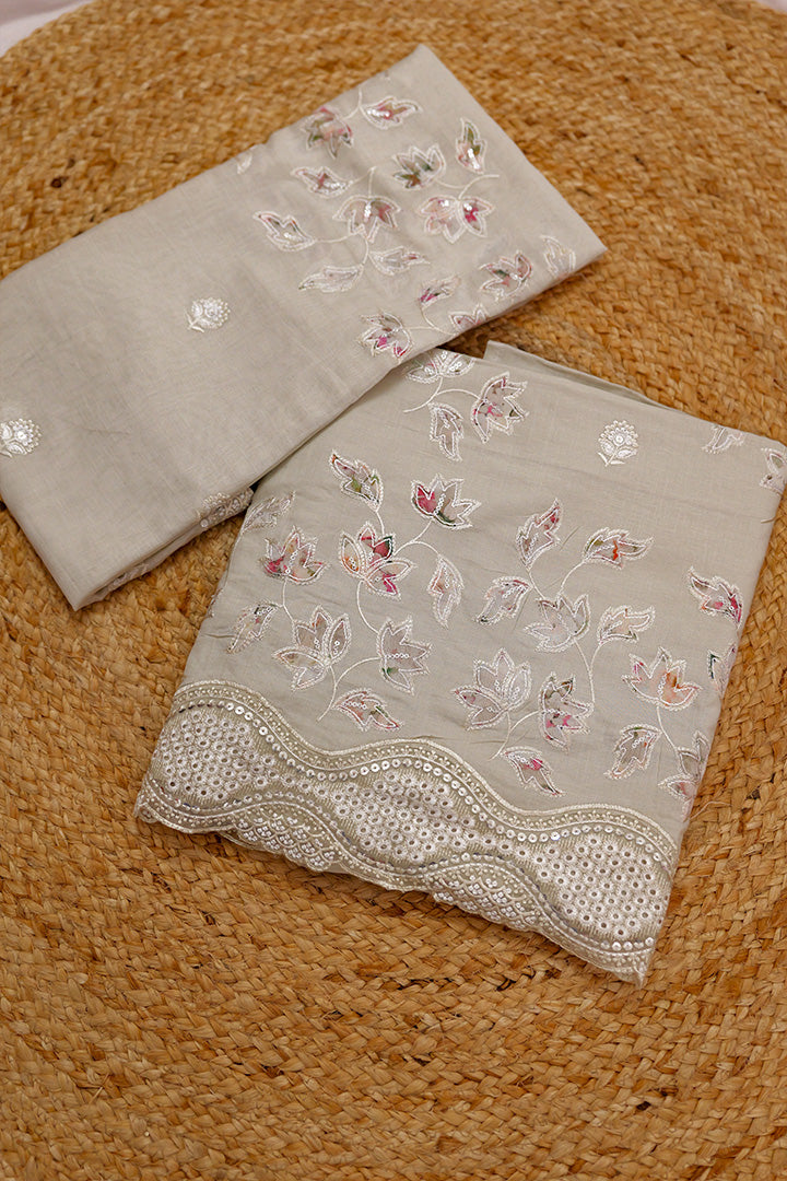 Blush Pink Cotton Suit with Floral Embroidery and Scalloped Detailing