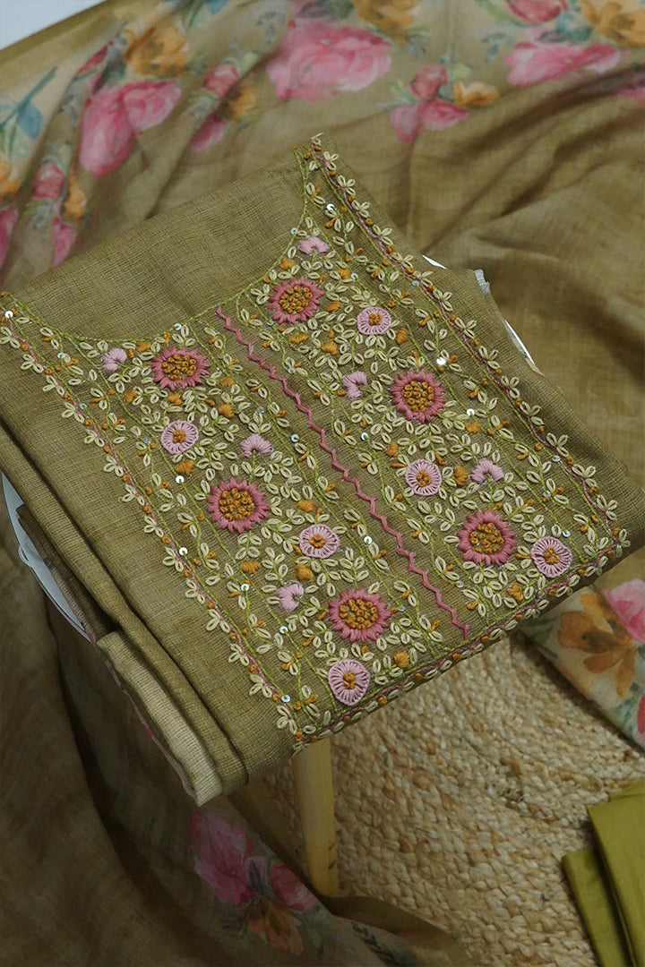 Olive Green Embroidered Salwar Set with Floral Printed Dupatta