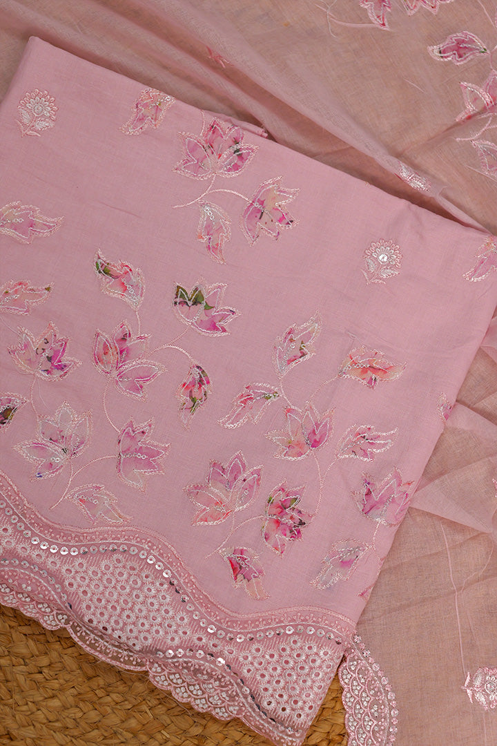 Blush Pink Cotton Suit with Floral Embroidery and Scalloped Detailing
