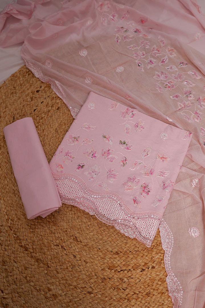 Blush Pink Cotton Suit with Floral Embroidery and Scalloped Detailing