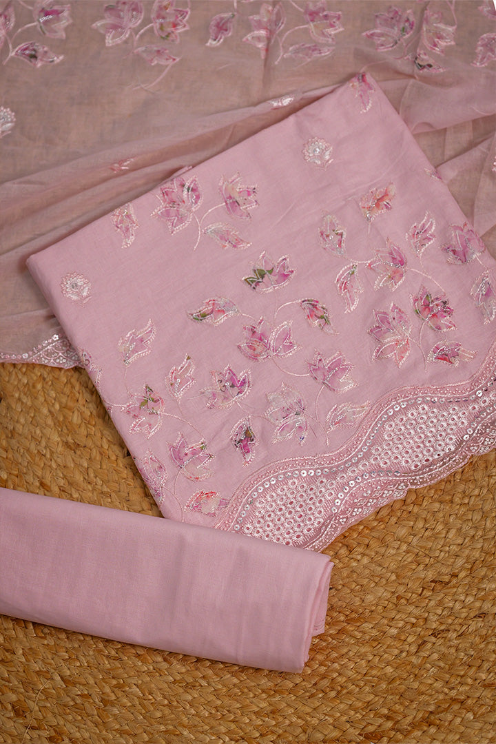 Blush Pink Cotton Suit with Floral Embroidery and Scalloped Detailing