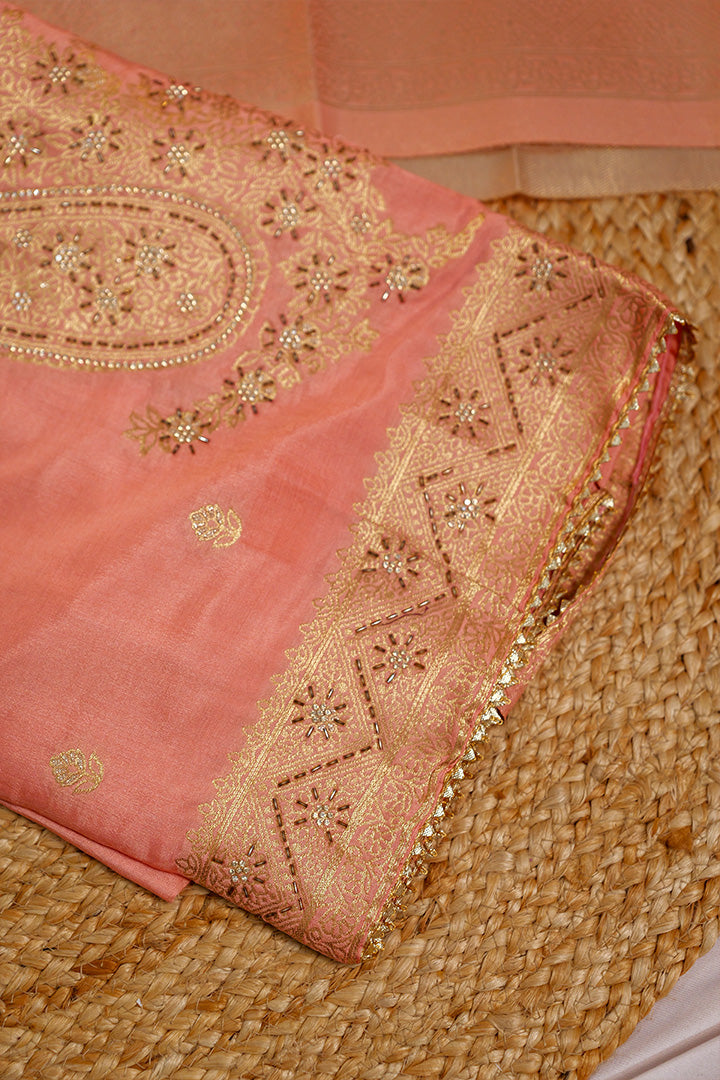 Peach Embroidered Cotton Suit with Elegant Zari Detailing