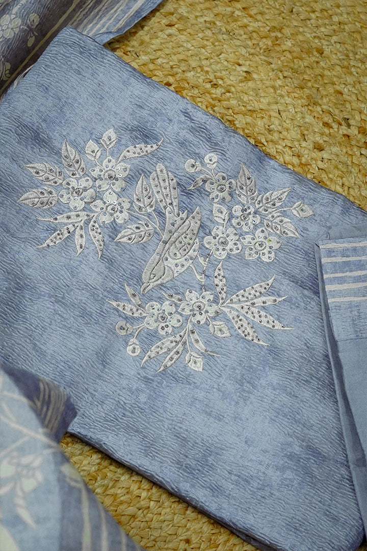 Soft Blue Embroidered Cotton Salwar Set with Floral Prints