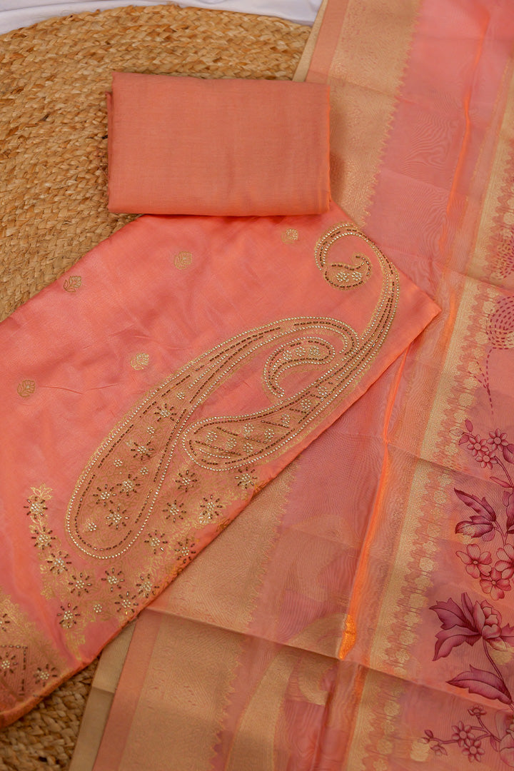 Peach Embroidered Cotton Suit with Elegant Zari Detailing