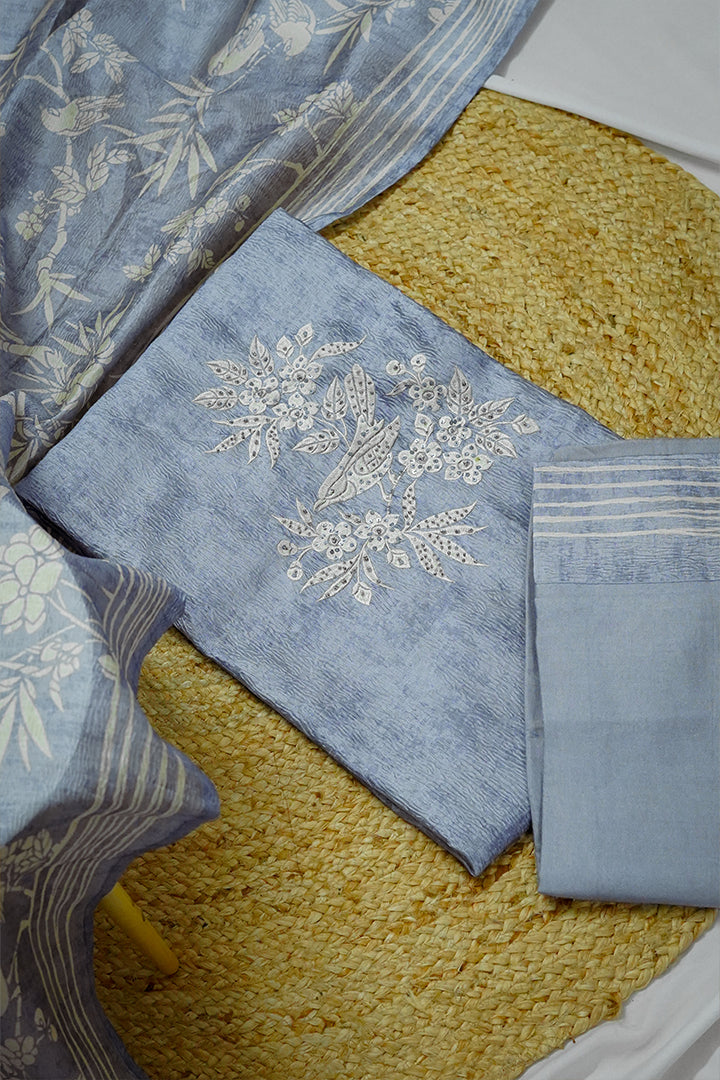Soft Blue Embroidered Cotton Salwar Set with Floral Prints