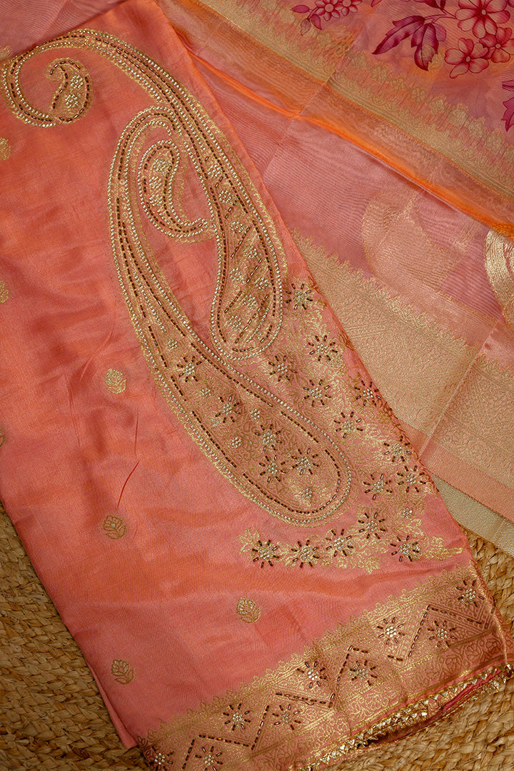 Peach Embroidered Cotton Suit with Elegant Zari Detailing