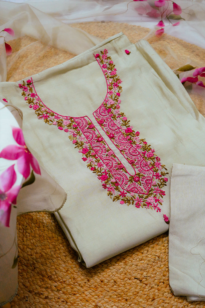 Elegant Cream Embroidered Salwar Set with Pink Floral Detailing