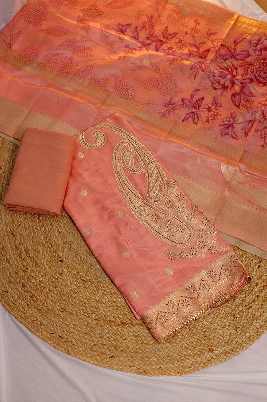Peach Embroidered Cotton Suit with Elegant Zari Detailing