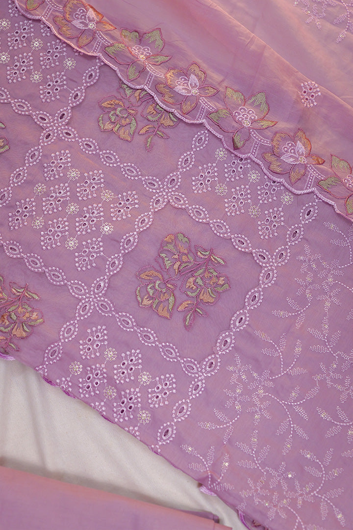 Lavender Cotton Suit with Thread and Cutwork Embroidery