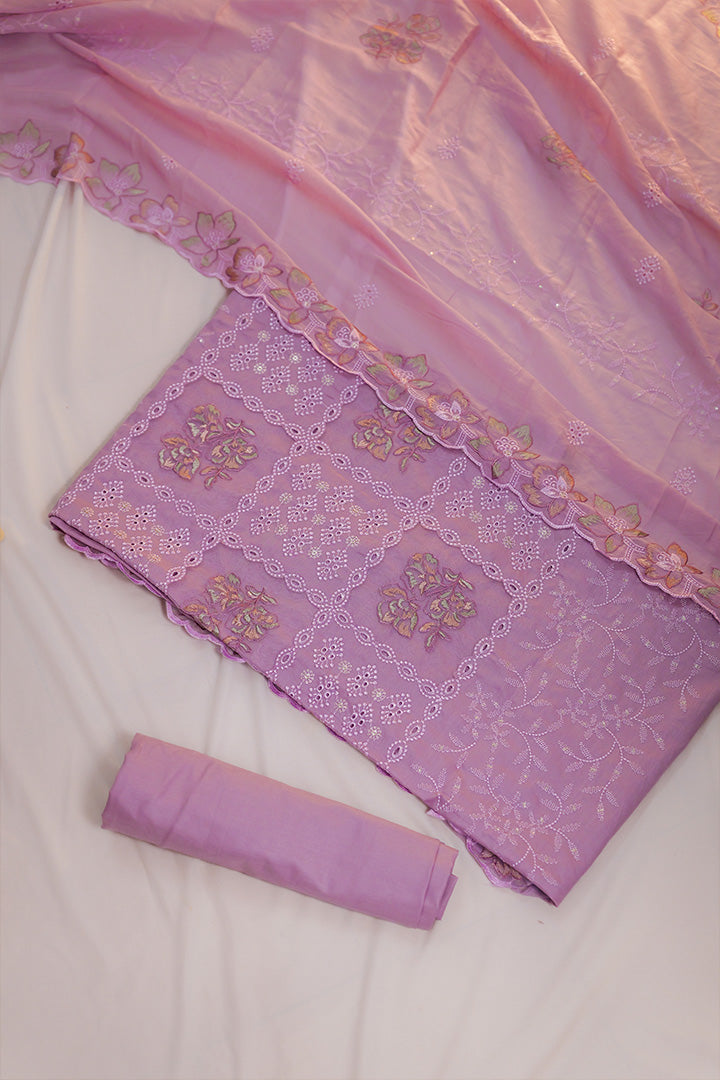Lavender Cotton Suit with Thread and Cutwork Embroidery