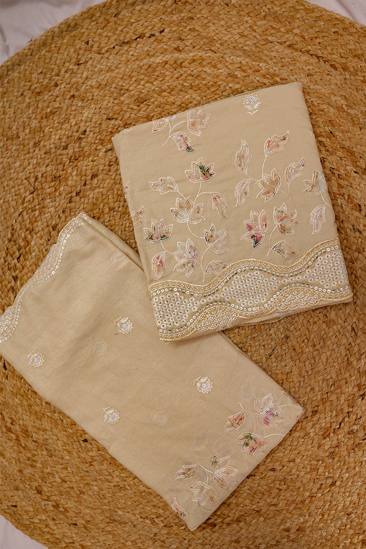 Blush Pink Cotton Suit with Floral Embroidery and Scalloped Detailing