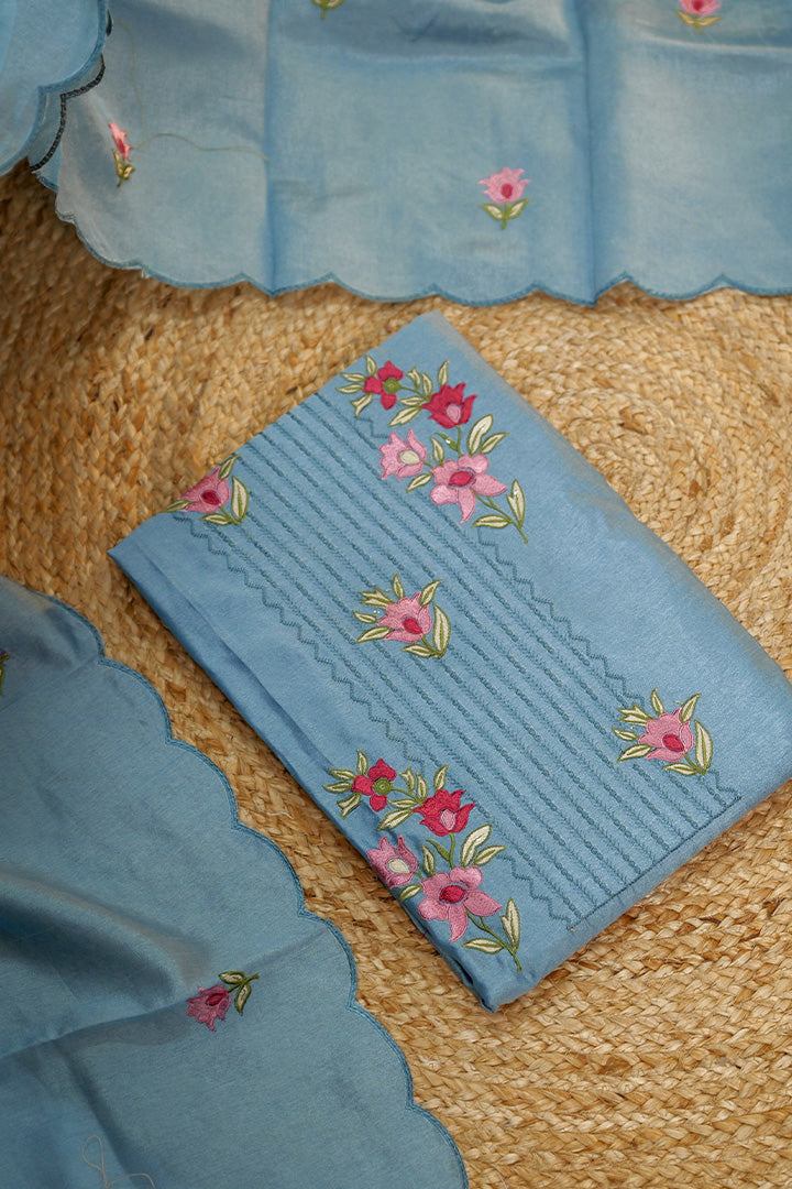 Sunlit Blossom Cotton Silk Dress Material with Embroidered Floral Work