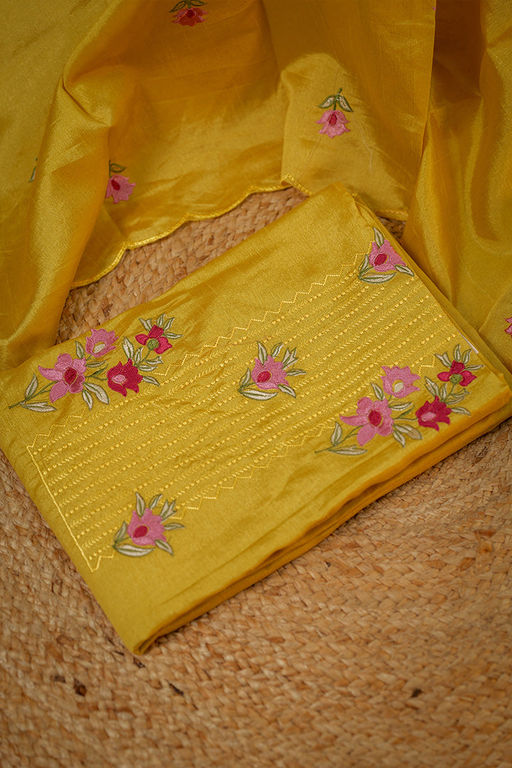 Sunlit Blossom Cotton Silk Dress Material with Embroidered Floral Work
