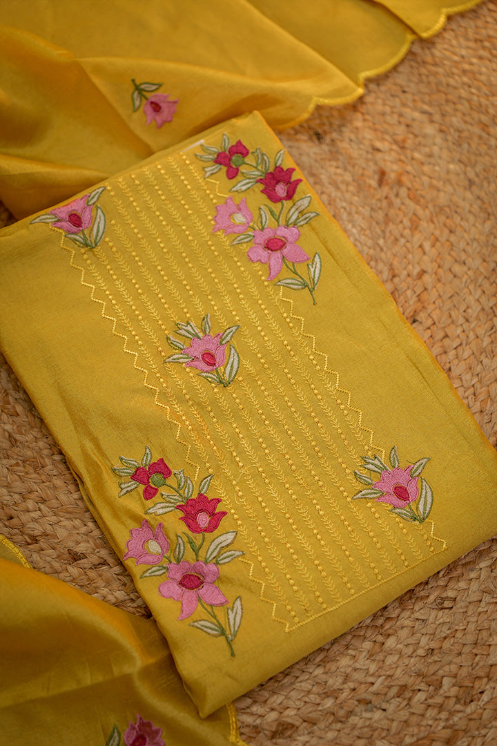 Sunlit Blossom Cotton Silk Dress Material with Embroidered Floral Work