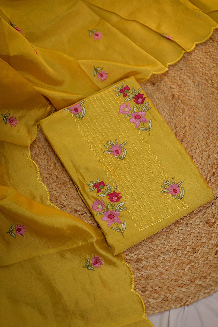Sunlit Blossom Cotton Silk Dress Material with Embroidered Floral Work