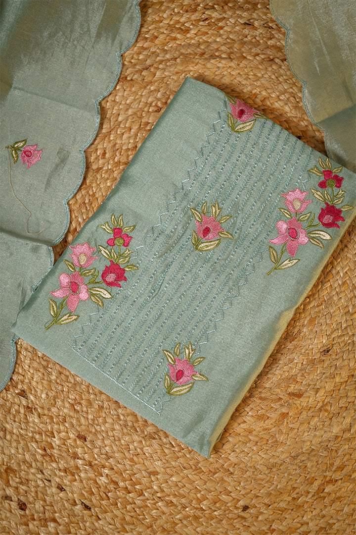 Sunlit Blossom Cotton Silk Dress Material with Embroidered Floral Work