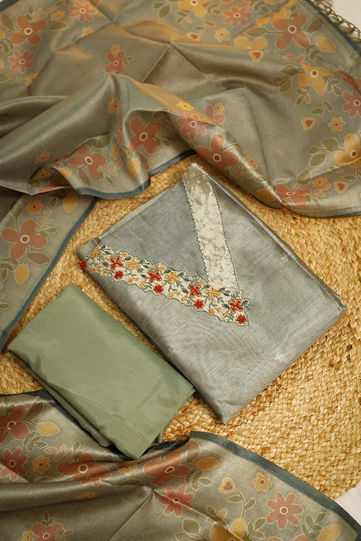 Lavender Floral Embroidered Silk Linen Unstitched Salwar Suit with Dupatta