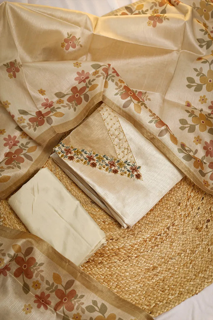 Lavender Floral Embroidered Silk Linen Unstitched Salwar Suit with Dupatta