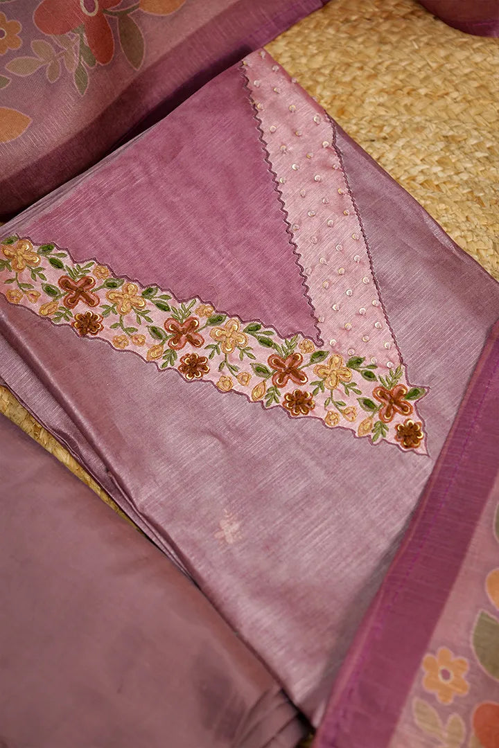 Lavender Floral Embroidered Silk Linen Unstitched Salwar Suit with Dupatta