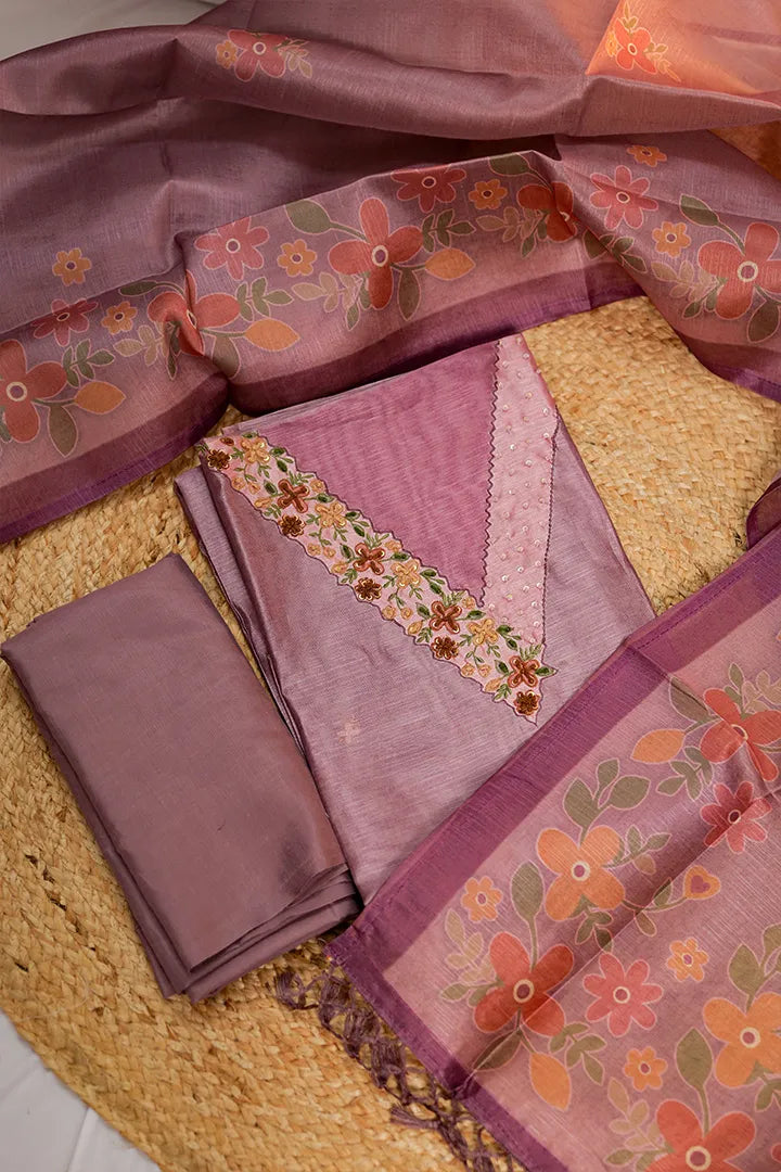 Lavender Floral Embroidered Silk Linen Unstitched Salwar Suit with Dupatta