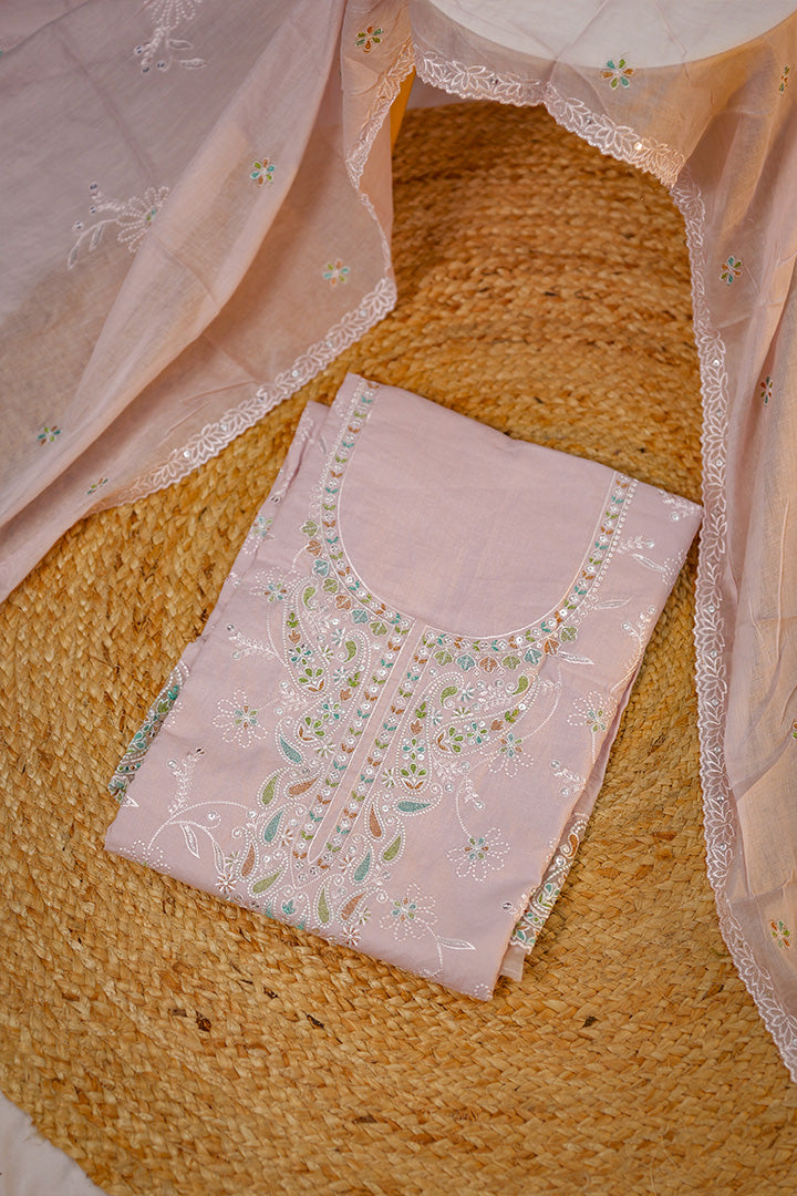 Elegant Cream Embroidered Unstitched Salwar Suit with Mirror & Thread Work