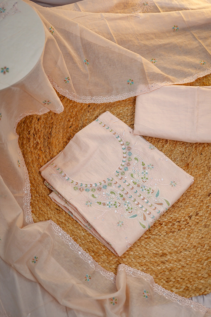 Elegant Cream Embroidered Unstitched Salwar Suit with Mirror & Thread Work