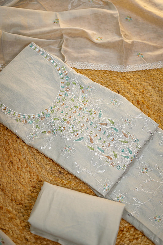 Elegant Cream Embroidered Unstitched Salwar Suit with Mirror & Thread Work