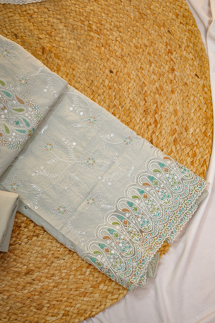 Elegant Cream Embroidered Unstitched Salwar Suit with Mirror & Thread Work