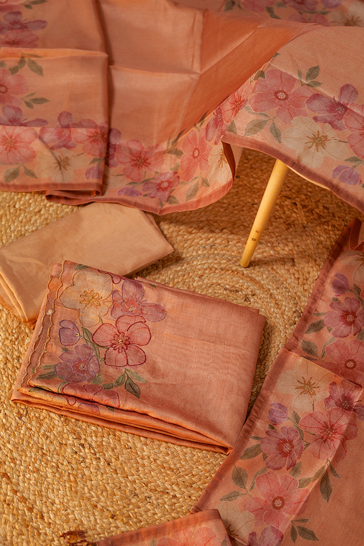 Elegant Silk Linen Unstitched Set with Floral Embroidery Dupatta