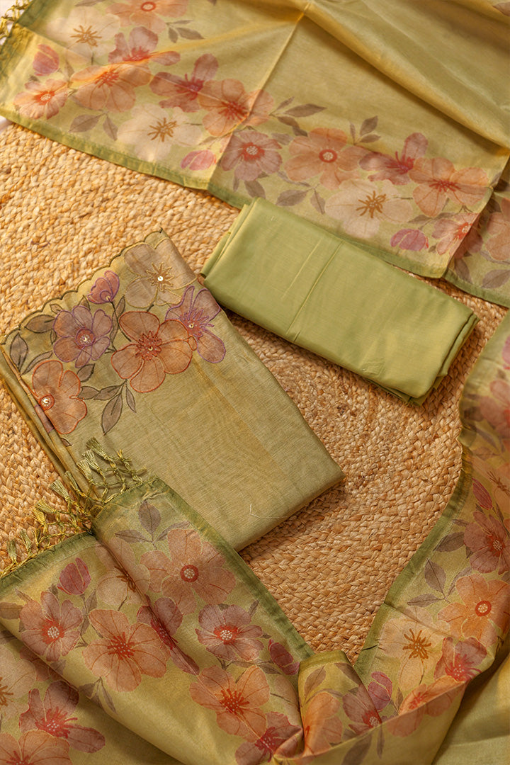 Elegant Silk Linen Unstitched Set with Floral Embroidery Dupatta
