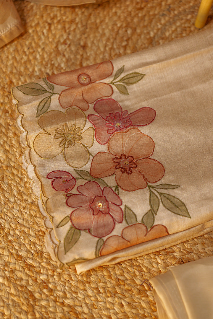 Elegant Silk Linen Unstitched Set with Floral Embroidery Dupatta