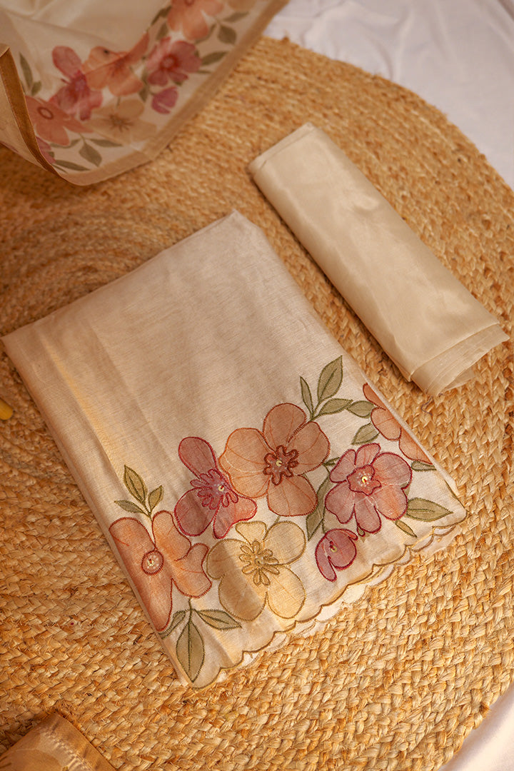 Elegant Silk Linen Unstitched Set with Floral Embroidery Dupatta