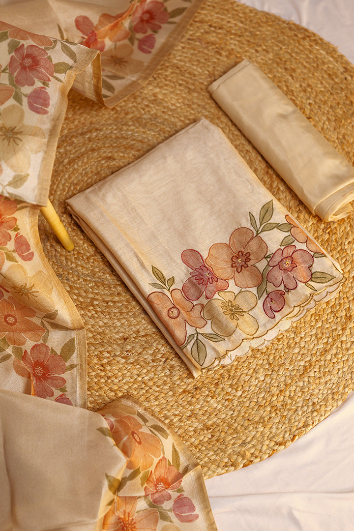 Elegant Silk Linen Unstitched Set with Floral Embroidery Dupatta