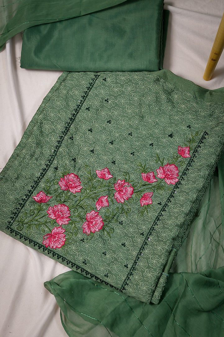 Elegant Green Unstitched Salwar Suit with Pink Floral Embroidery & Sequins Work