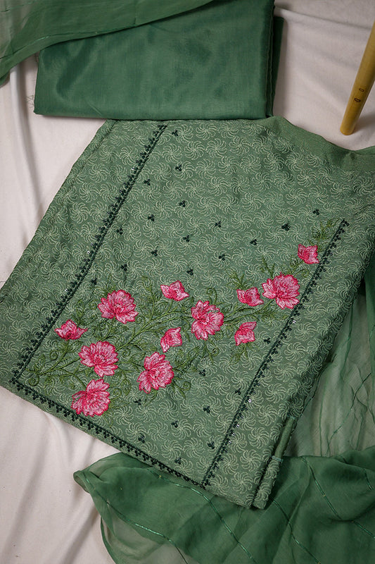 Elegant Green Unstitched Salwar Suit with Pink Floral Embroidery & Sequins Work