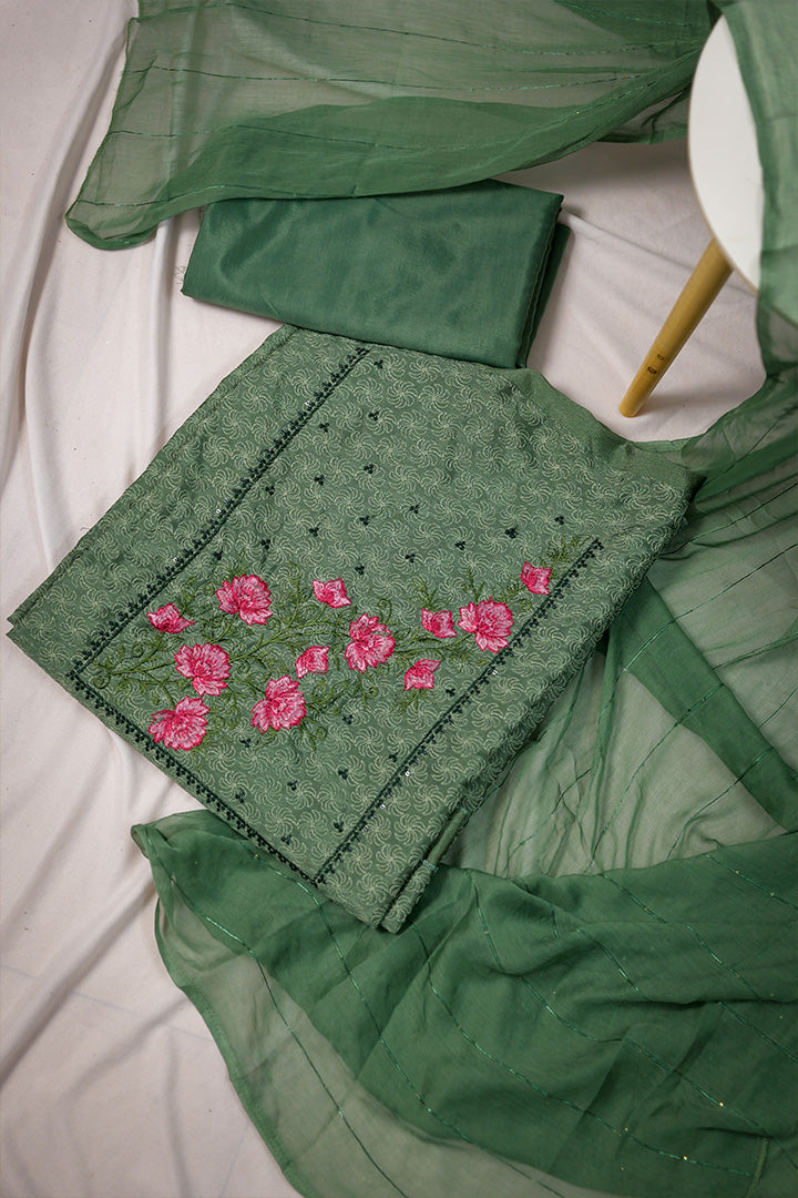 Elegant Green Unstitched Salwar Suit with Pink Floral Embroidery & Sequins Work