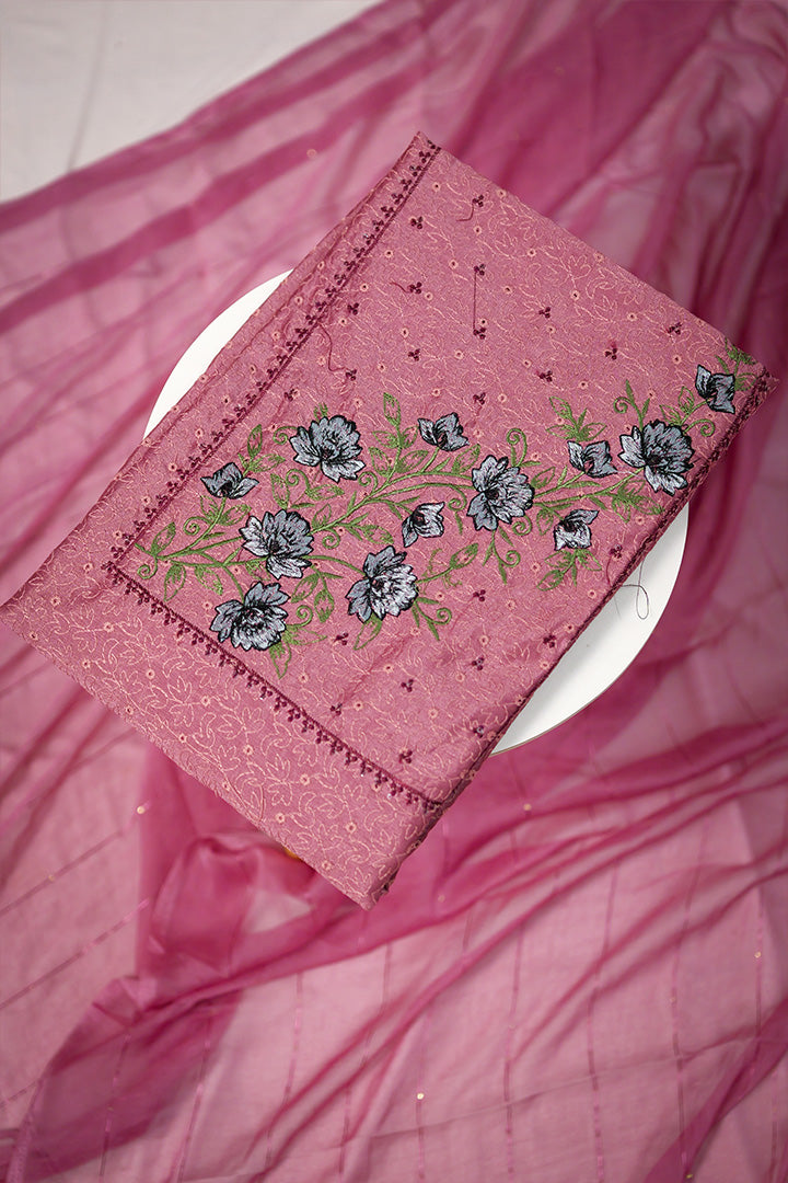 Elegant Green Unstitched Salwar Suit with Pink Floral Embroidery & Sequins Work