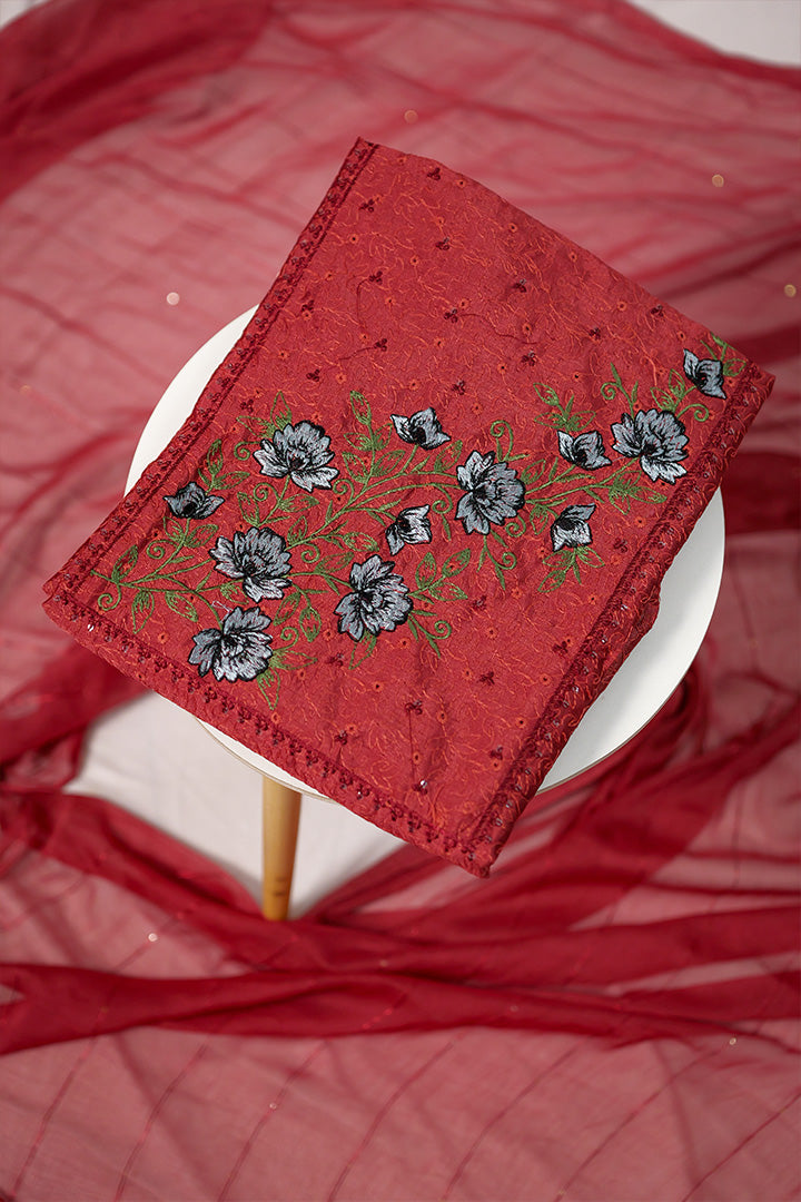 Elegant Green Unstitched Salwar Suit with Pink Floral Embroidery & Sequins Work