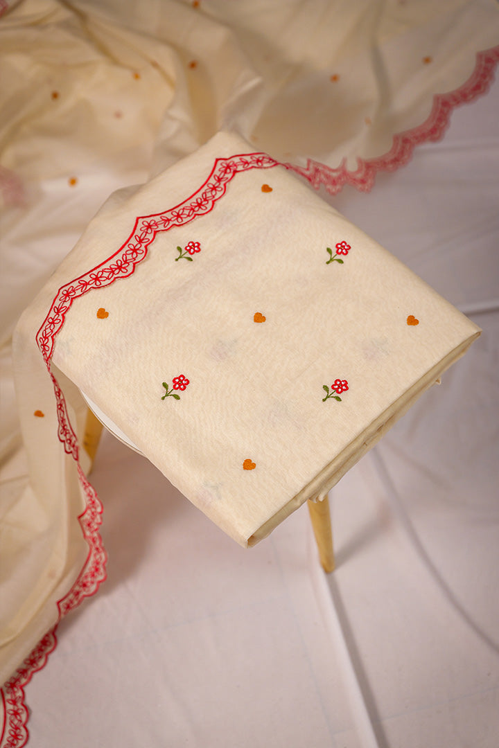 Blush Pink Unstitched Salwar Suit with Floral Embroidery & Scalloped Dupatta