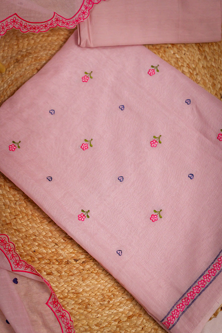 Blush Pink Unstitched Salwar Suit with Floral Embroidery & Scalloped Dupatta