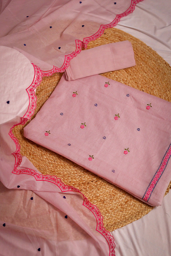 Blush Pink Unstitched Salwar Suit with Floral Embroidery & Scalloped Dupatta